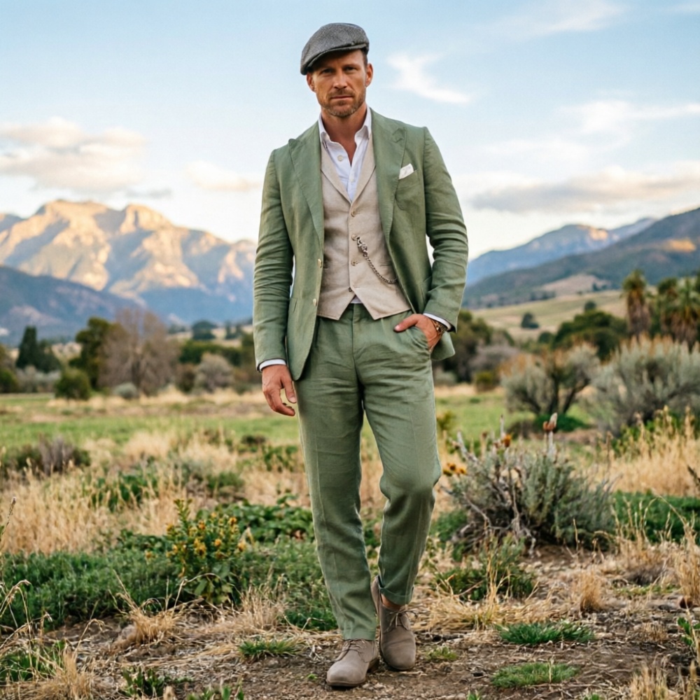 Men Linen Formal Wear - Sage Green Linen Men 3 Piece