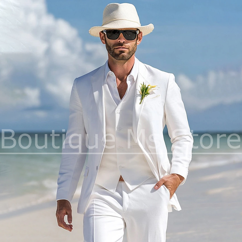 Men's White Linen Suit 3 Piece - Men Linen Formal Wear ulasan dan harga