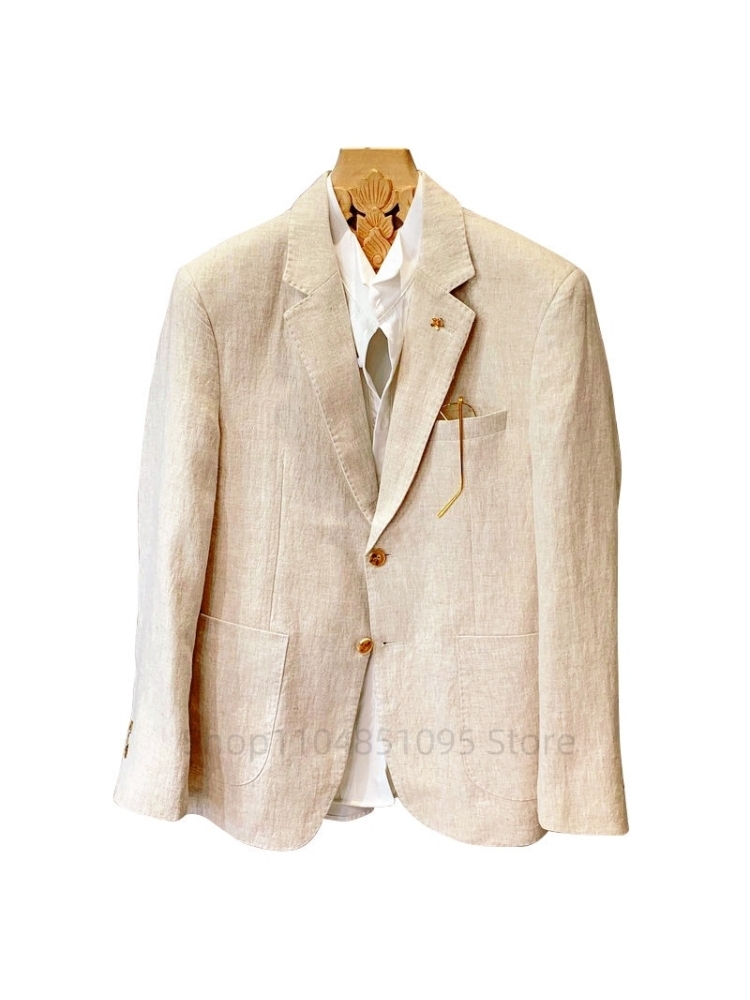 Beige Men Suit Linen Blazers J - Men Linen Formal Wear ulasan dan harga