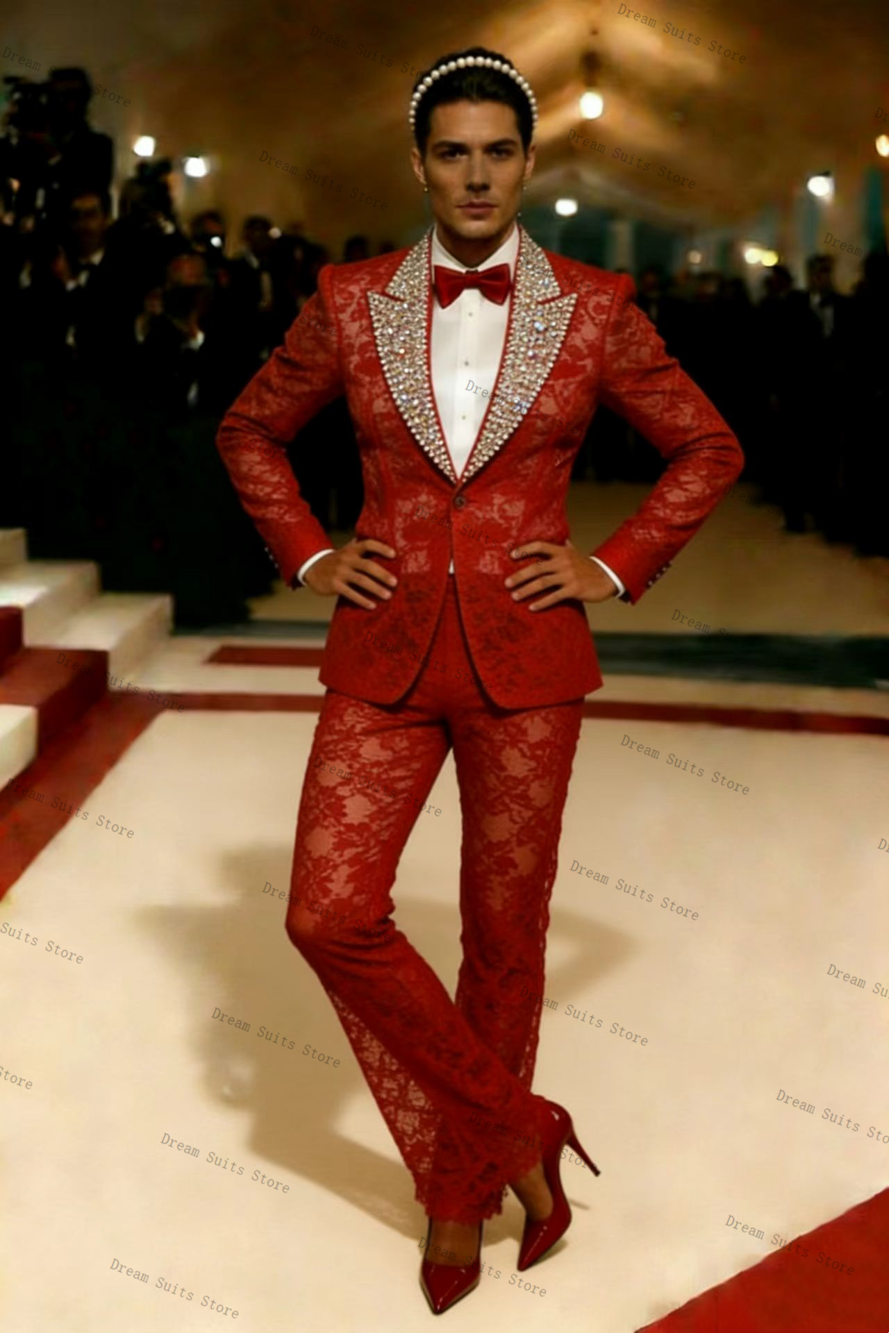 Gold Crystals Men Suit Set 2 P - Men Formal Wear Red ulasan dan harga