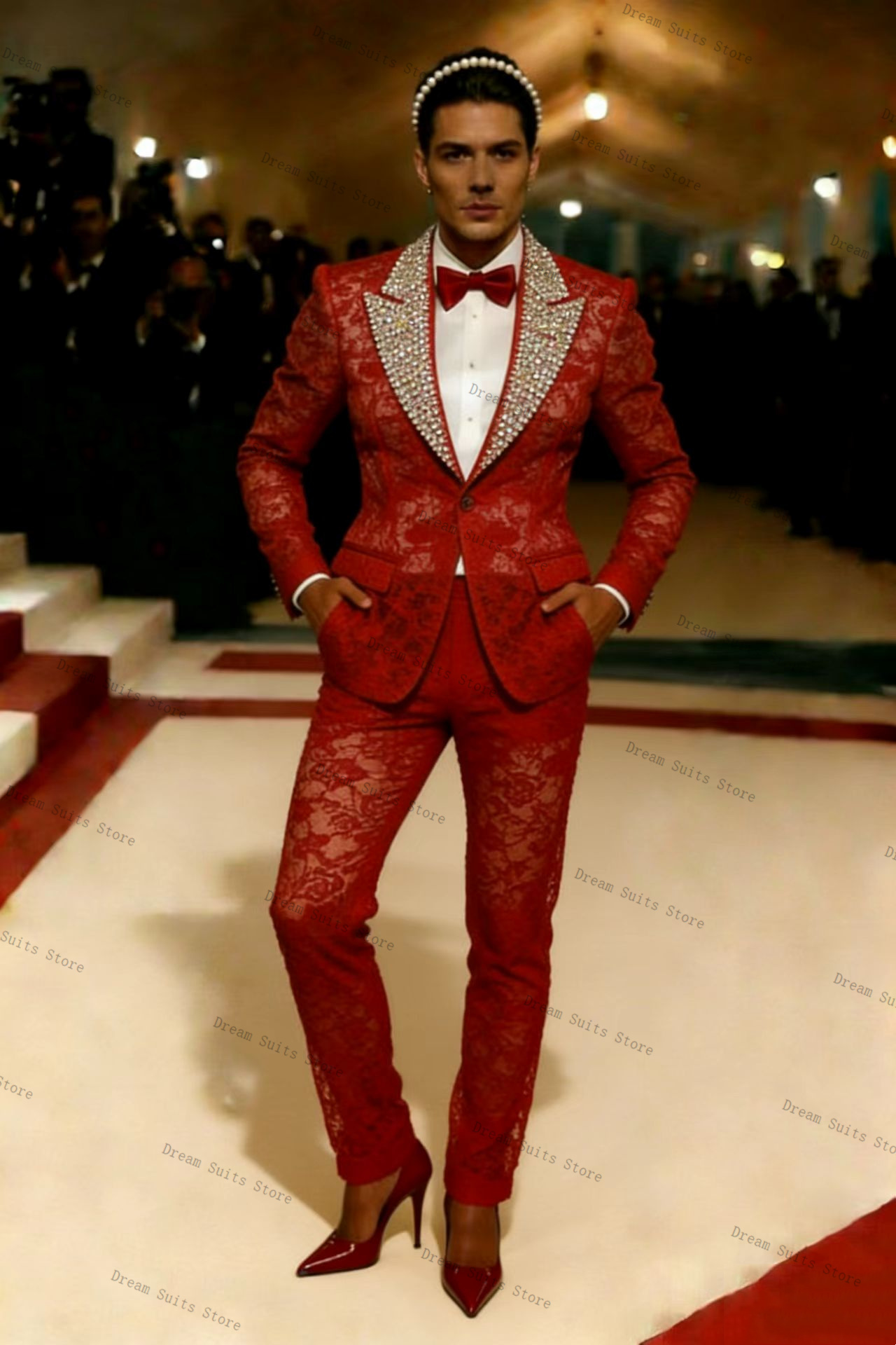 Gold Crystals Men Suit Set 2 P - Men Formal Wear Red ulasan dan harga